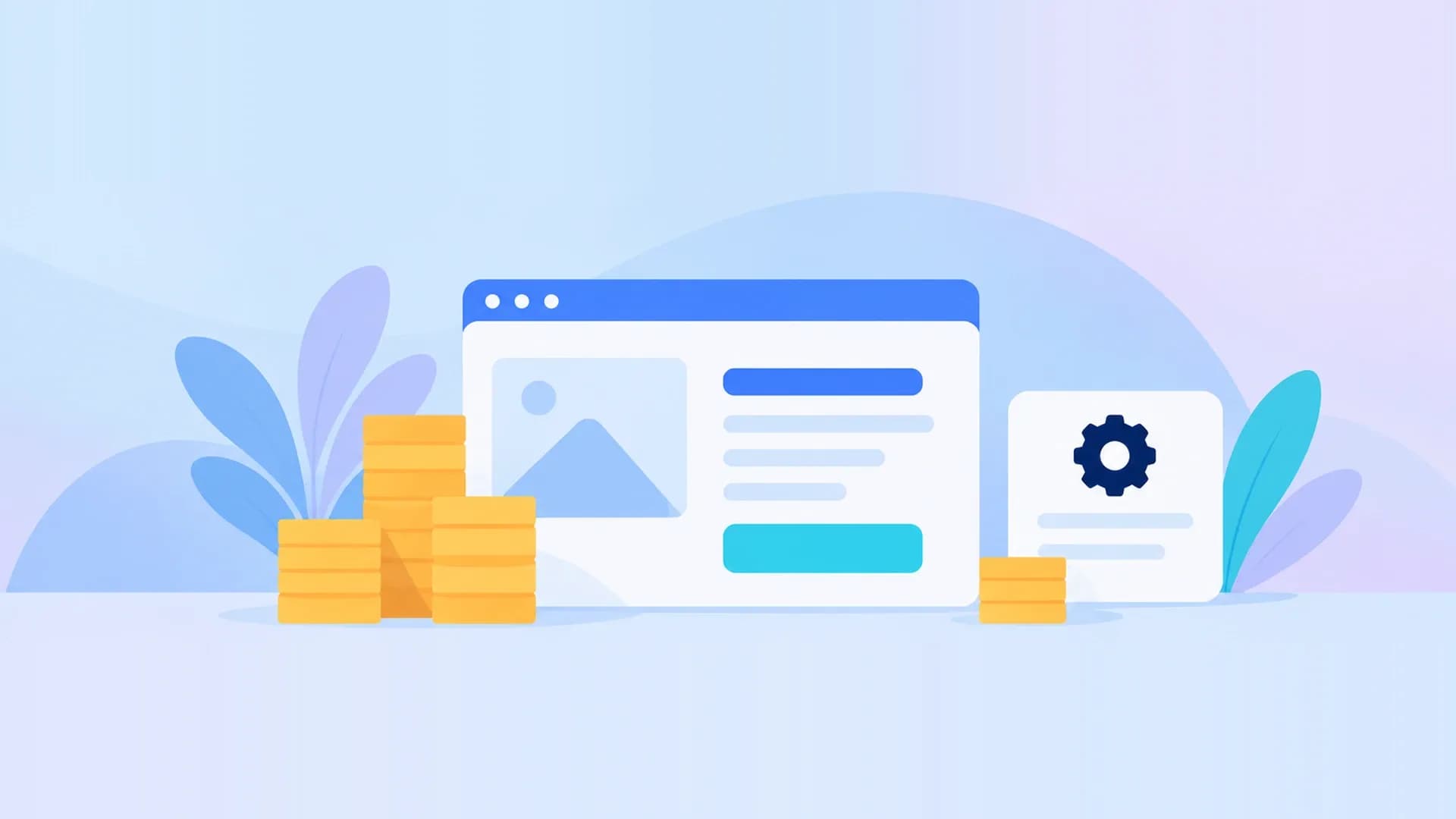 Flat illustration of an advertising page, stacked budget tokens and a separate management settings card.